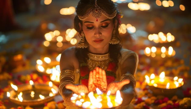 portrait of a happy young teenage girl standing with diyas at home during diwali celebration