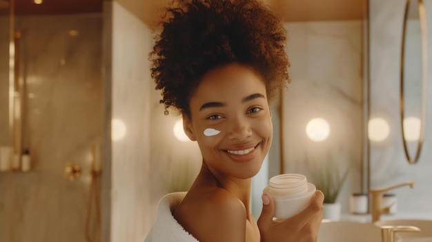 portrait of a happy young woman applying facial cream while in a bathroom