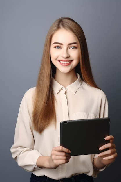 portrait of a happy young woman holding up a digital tablet with text space for copy created with generative ai