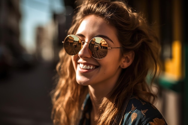 A portrait of a happy young woman sporting designer sunglasses created with generative ai