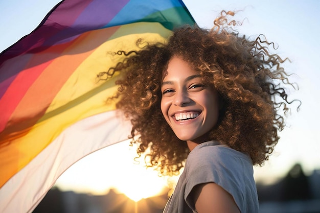 Portrait of a happy young woman with curly hair holding rainbow flag outdoors