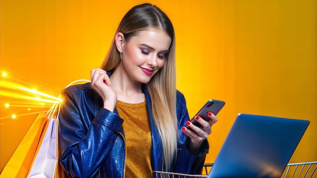 Photo portrait of a happy young woman with shopping bags and mobile phone on yellow background