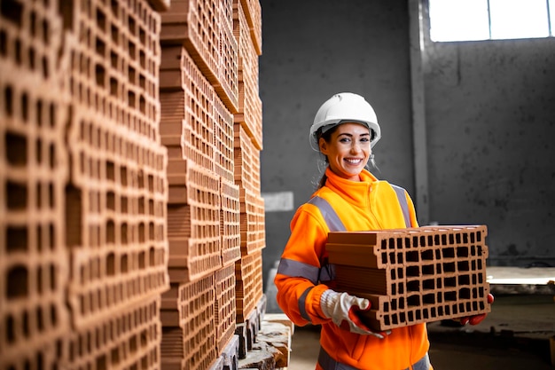 Portrait of hardworking female person working in factory moving heavy objects