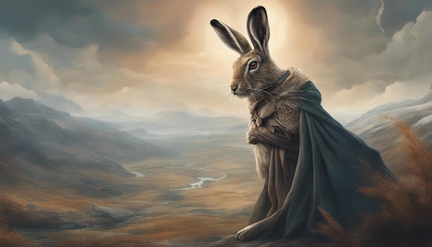 Portrait of a hare Fantasy scientist hare against a mystical landscape background