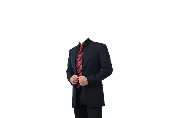 Portrait of headless young confident businessman in a black business suit and striped red tie