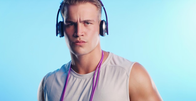 Photo portrait headphones and serious man in studio for workout or skipping rope for fitness or health music athlete and audio for exercise wellness and training or podcast for sport by blue background