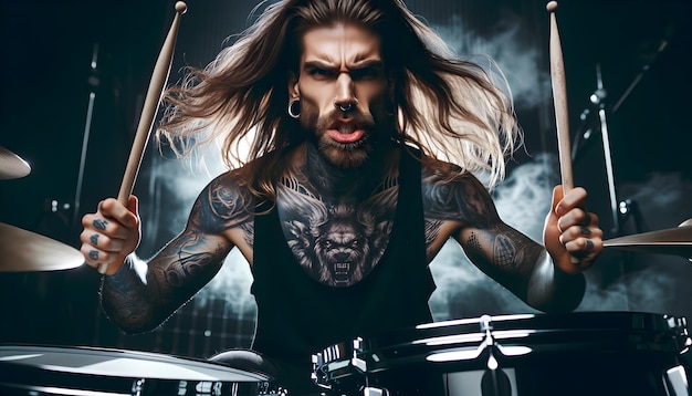 Portrait of heavy metal drummer playing drums at concert music background