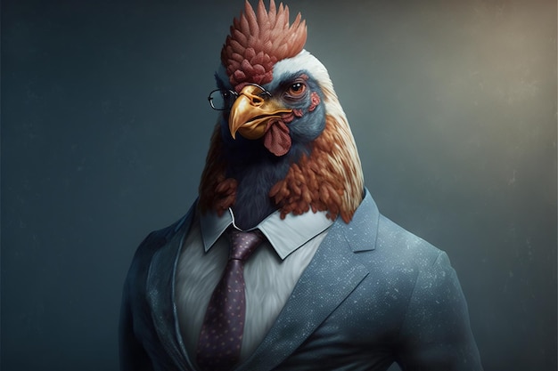 Portrait of hen with glasses suit and tie on grey created using generative ai technology