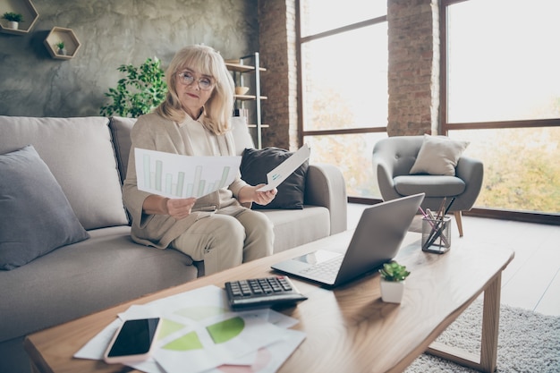 Portrait of her she nice attractive smart clever focused gray-haired businesslady sitting on divan preparing report analysis at industrial brick loft modern style interior house apartment