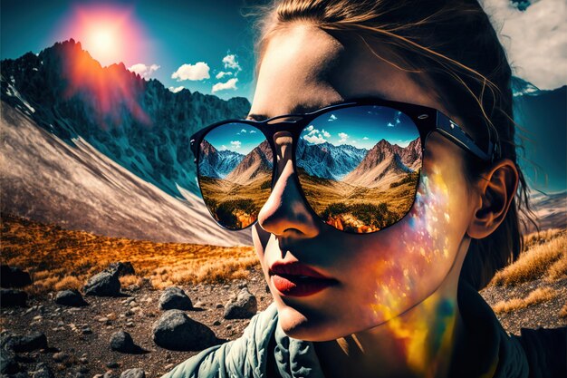 Portrait of hiker wear sunglasses with reflection of wondrous mountain and sky