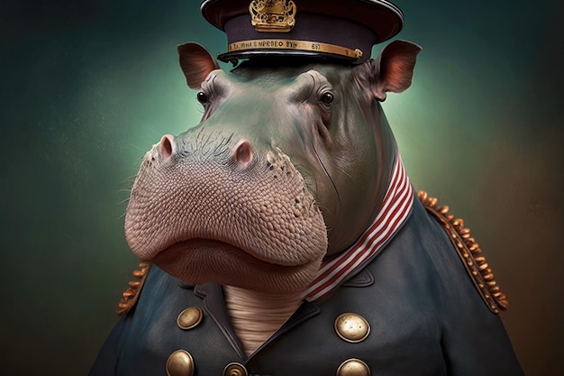 Portrait of hippopotamus dressed as a sea captain at the helm generative ai