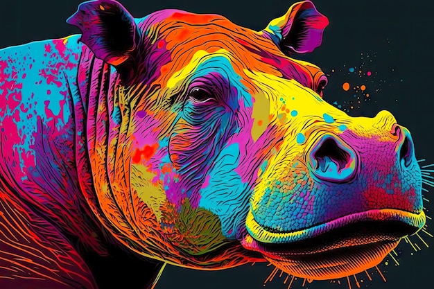 Portrait of hippopotamus in pop art style flying colors expression generative ai