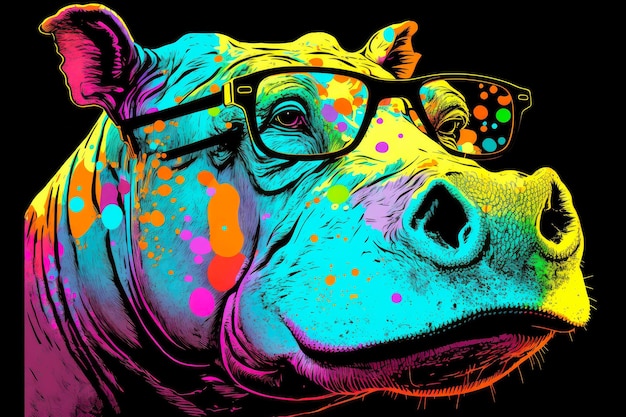 Portrait of hippopotamus in pop art style flying colors expression generative ai