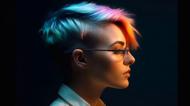 Portrait of a hipster girl with colorful hair on a dark background Generated AI