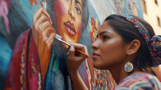 Portrait of a Hispanic Artist Creating a Vibrant Mural