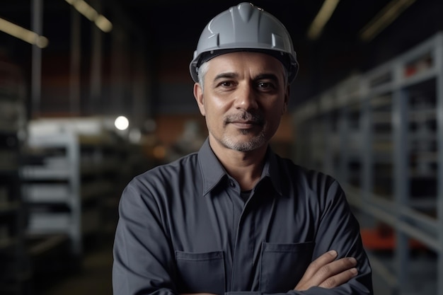 Portrait hispanic latin male engineer worker factory staff standing smile looking camera with space