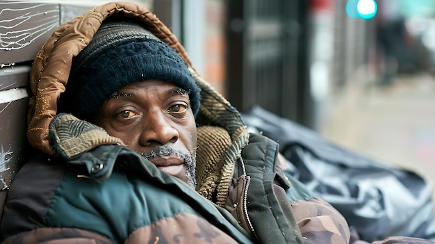 A portrait of a homeless man He is wearing a black beanie and a green jacket He has a beard and his eyes are looking down The background is blurry