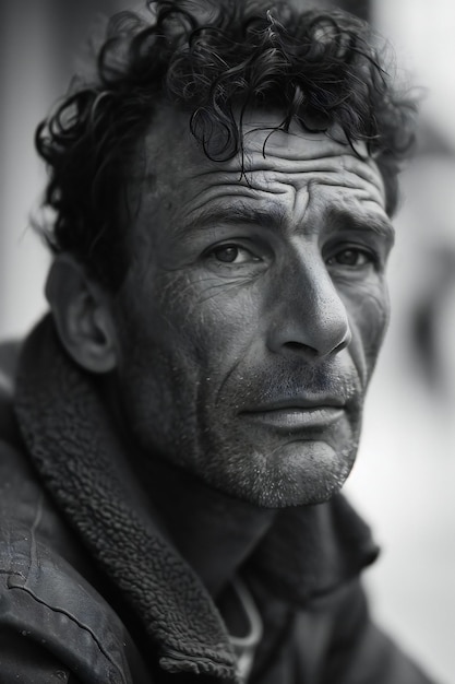 Portrait of a homeless man in the street Black and white