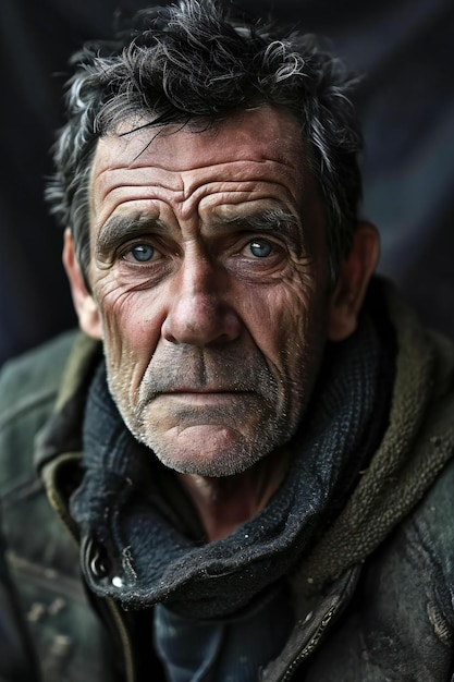 Portrait of a homeless man with a sad look on his face