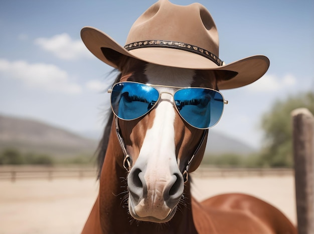 portrait of a horse in a cowboy hat and sunglasses