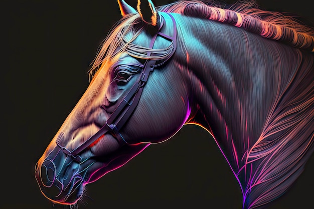 Portrait of horse in neon colors on a dark background generative ai