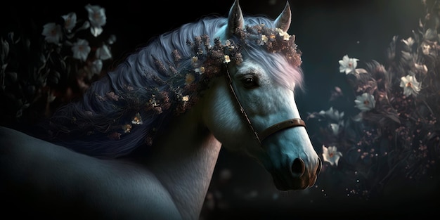 Portrait of a horse with flowers in its mane Generative AI