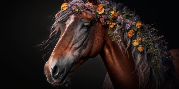 Portrait of a horse with flowers in its mane Generative AI