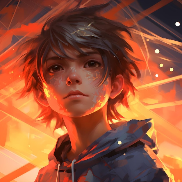 Portrait of a hot anime boy with red fire rays in the background