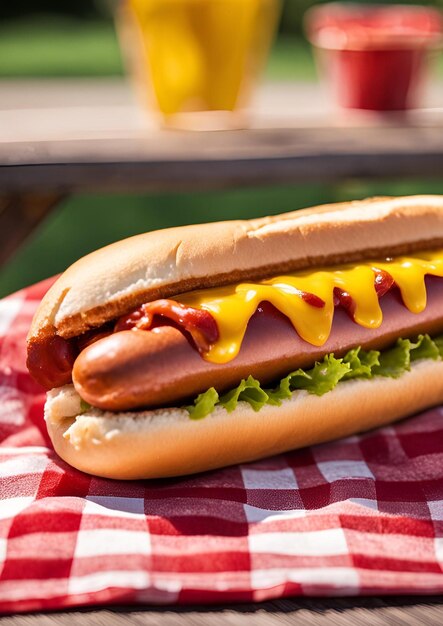 Portrait of a hot dog containing sausages with a mixture of hot and yellow chili sauce