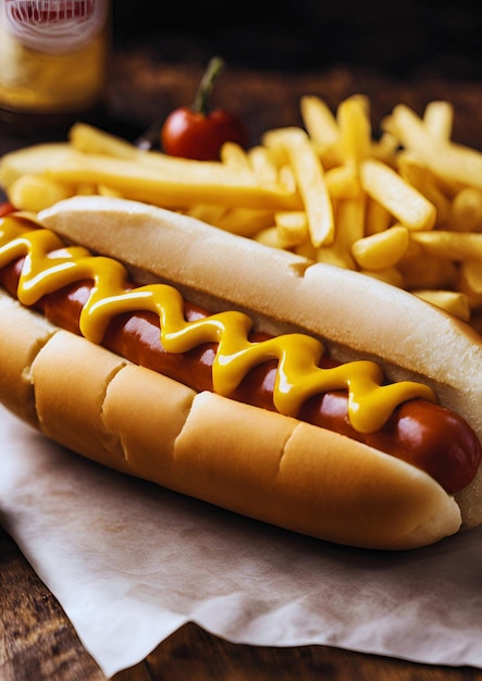 Portrait of a hot dog containing yellow chili sausage and potatoes