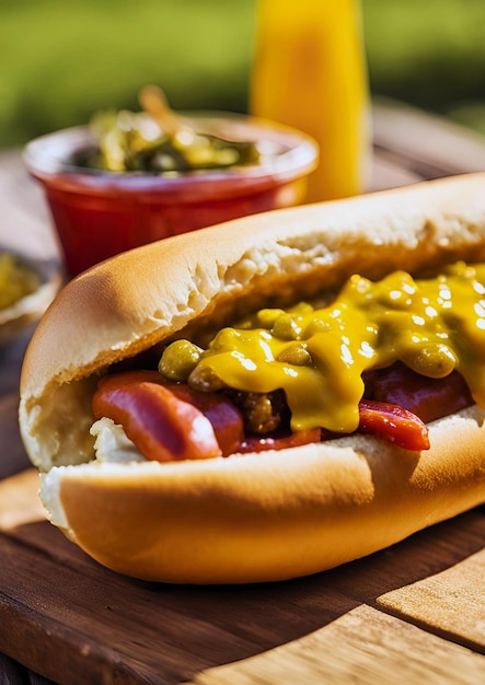 Photo portrait of a hot dog filled with hot sauce and green chili sauce