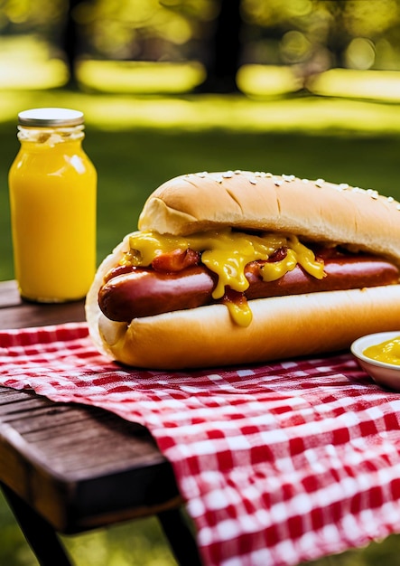 Portrait of a hot dog filled with sausage with ketchup and green chili sauce with orange juice