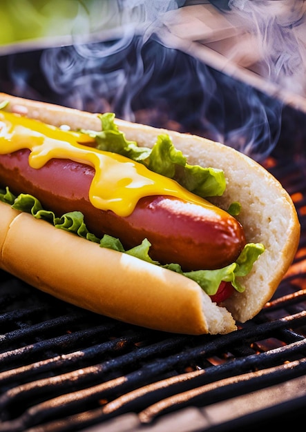 Photo portrait of a hot dog filled with vegetables sausage and yellow chili sauce with a burning machine