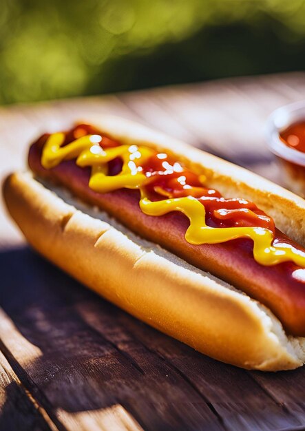 Photo portrait of hot dog with table and sauce