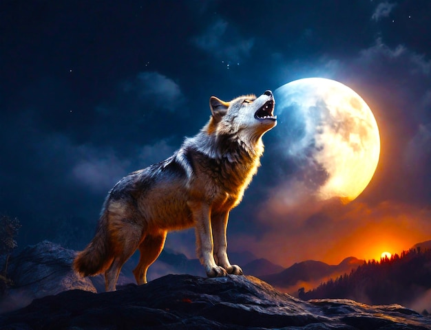 Portrait of howling wolf over full moon created using generative ai technology