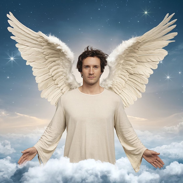 Photo portrait of human being depicted as an angel with wings