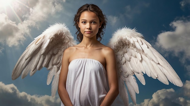 Photo portrait of human being depicted as an angel with wings