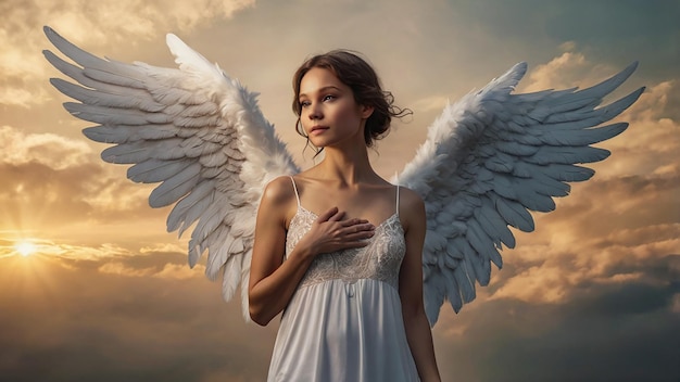 Photo portrait of human being depicted as an angel with wings