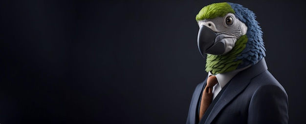 Portrait of Humanoid Anthropomorphic Parrot Bird Wearing Businessman Suit in Black Background