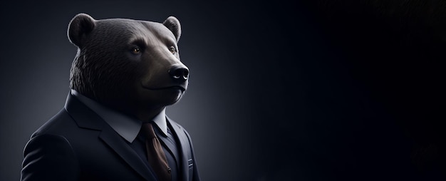 Portrait of Humanoid Anthropomorphic White Polar Bear Wearing Businessman Suit in Black Background