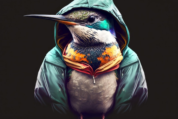 Portrait of hummingbird in sportswear and a hood generative ai