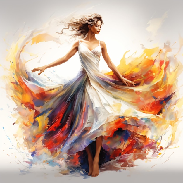 Portrait illustration of dancer with dress made of paint and splashes