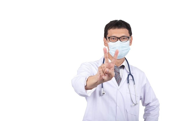 Portrait images Asian man doctot raises his hand to show encouragement to fight