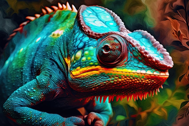 Portrait of Incredibly cute colorful chameleon lizard Exotic wild lizard or reptile Generative AI