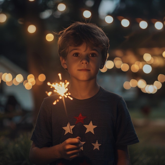 Photo portrait of independence day concept american flag and celebration firework composition