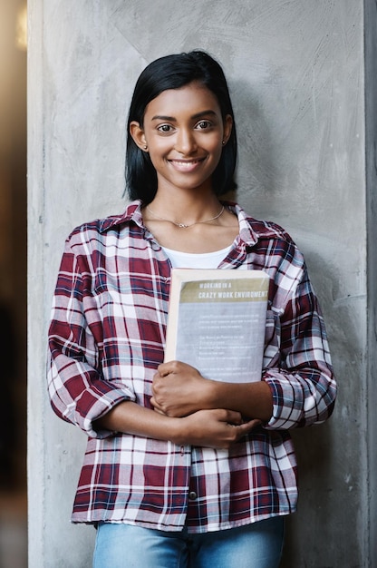 Photo portrait indian girl or confident student in university for dream future or study in engineering college happy smile or proud gen z woman with books for school research education or scholarship