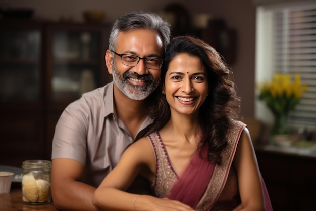 Portrait of Indian happy couple embracing each other at home on sofa or dining table