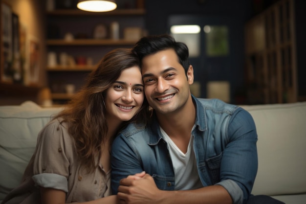 Portrait of Indian happy couple embracing each other at home on sofa or dining table