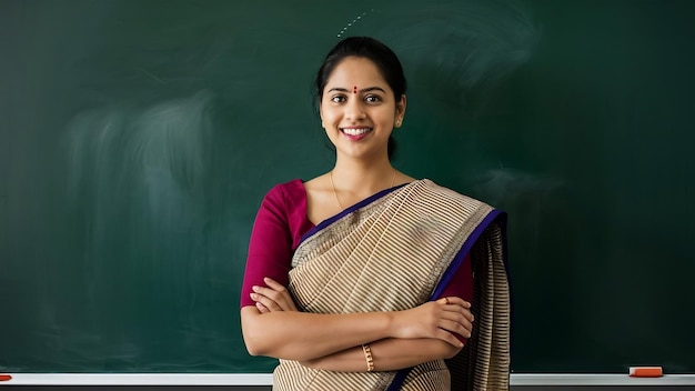 Portrait of indian lady teacher in saree stands against green white or blackboard