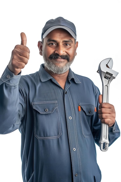 portrait of an indian male car mechanic holding a wrench